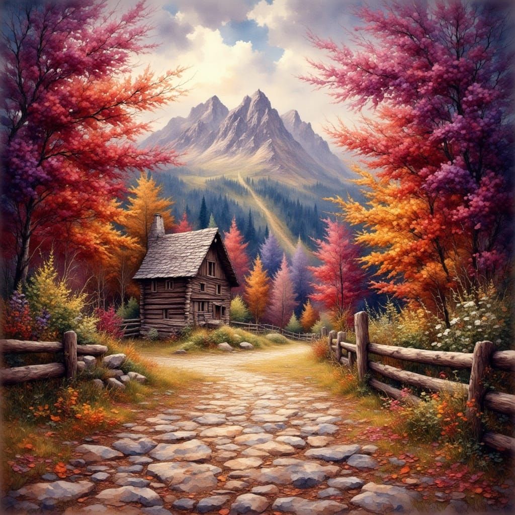 Cozy Swiss Log Cabin Scene in Autumn Colors