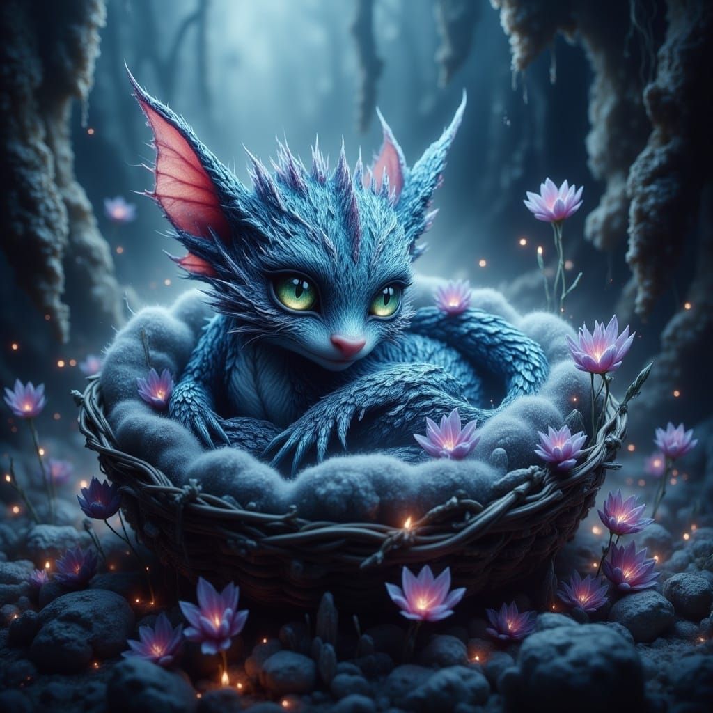 Whimsical Baby Dragon in Wicker Basket