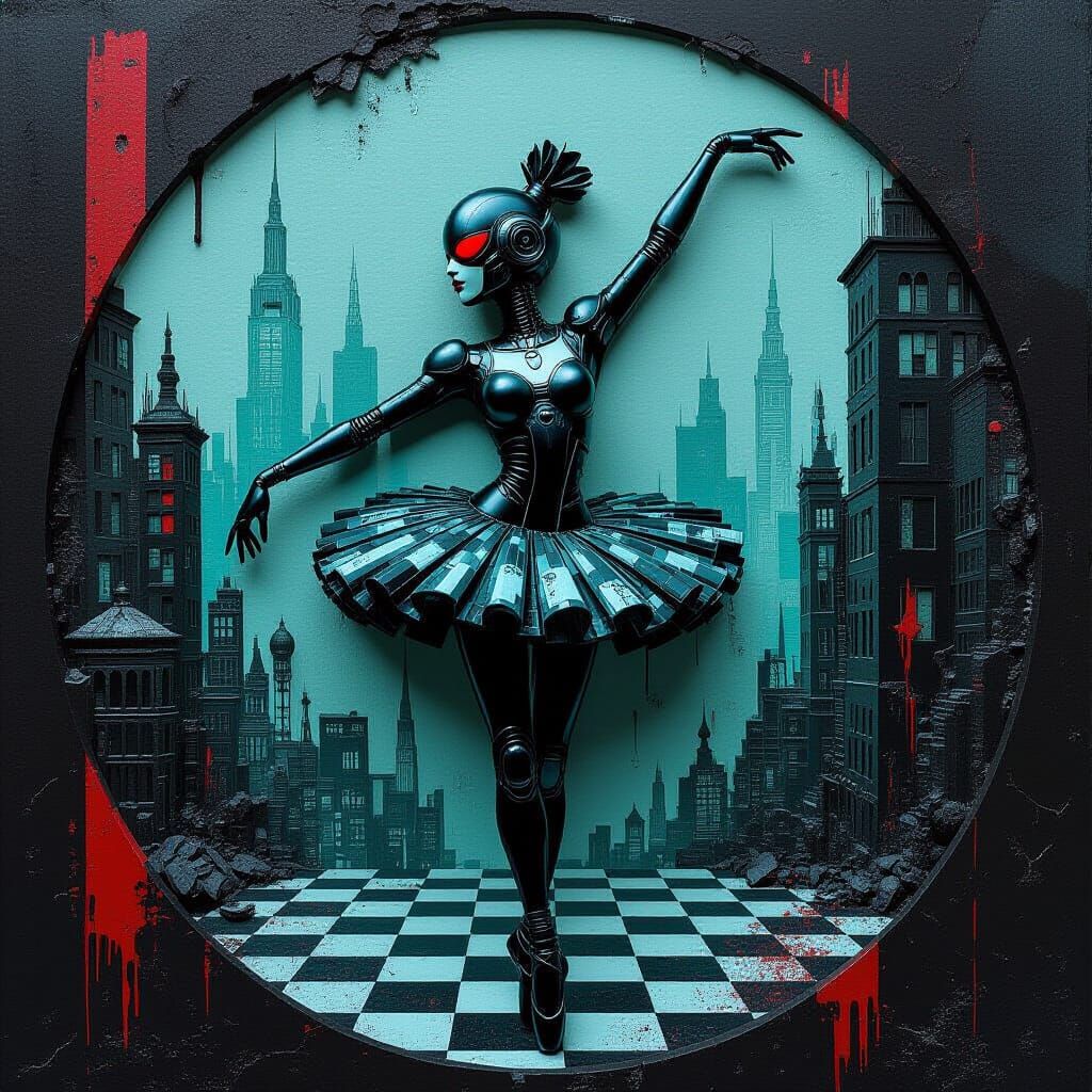 3D bas relief encaustic painting, futuristic robotic goth ba...