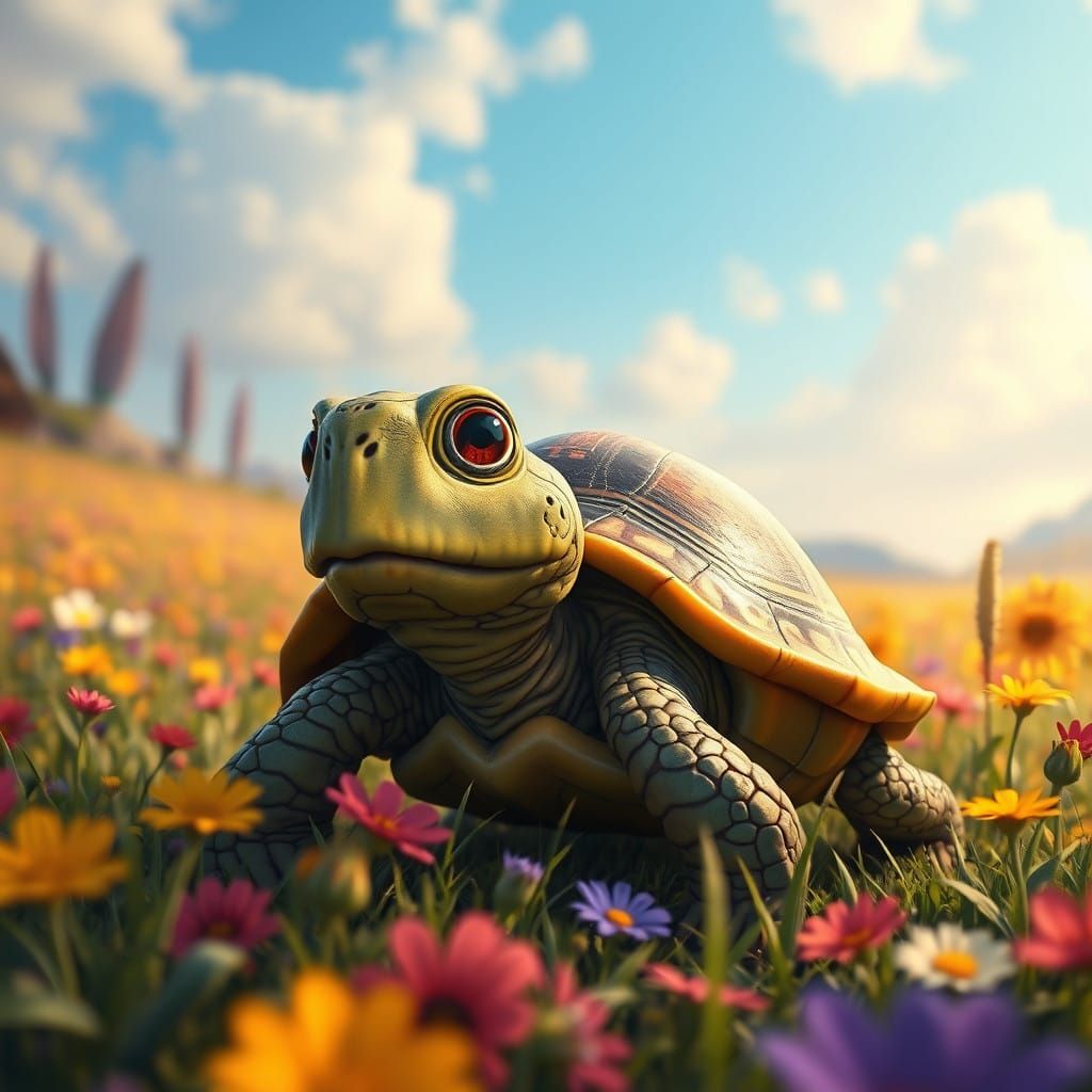 Whimsical Turtle in Vibrant Fantasy Landscape