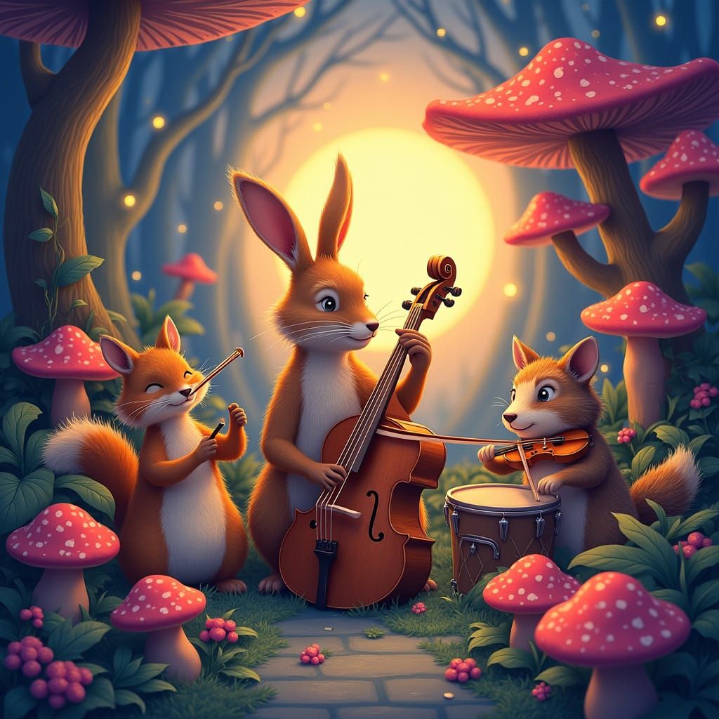 Whimsical Animal Orchestra in a Fantasy Forest