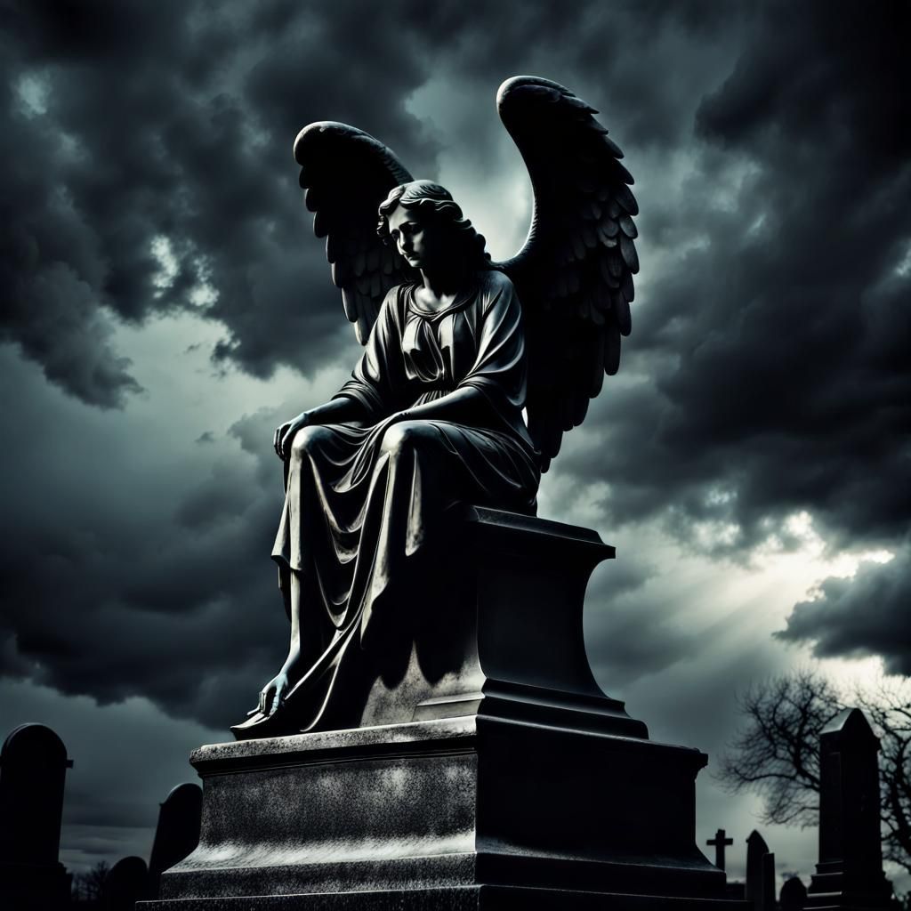 Gothic Black Angel Statue in Cemetery