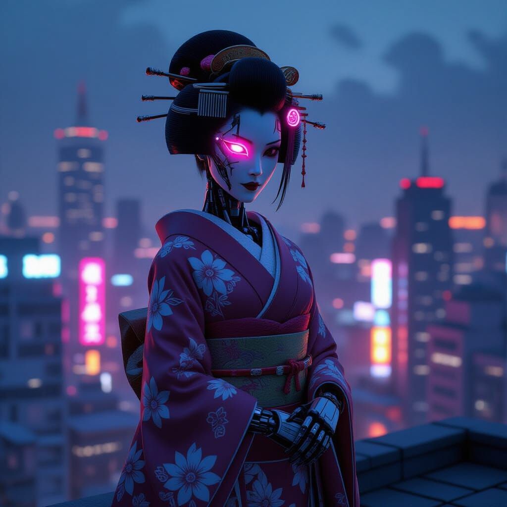 Cyborg Geisha Overlooks Neon City in 3D Anime Style
