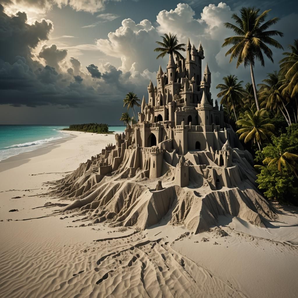 Surreal Sand Castle on Deserted Beach in Digital Art