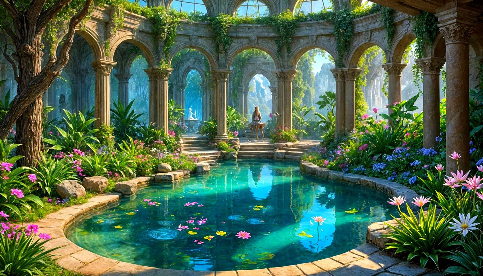 Tranquil Pocket Dimension Oasis Garden with Cosmic Sky