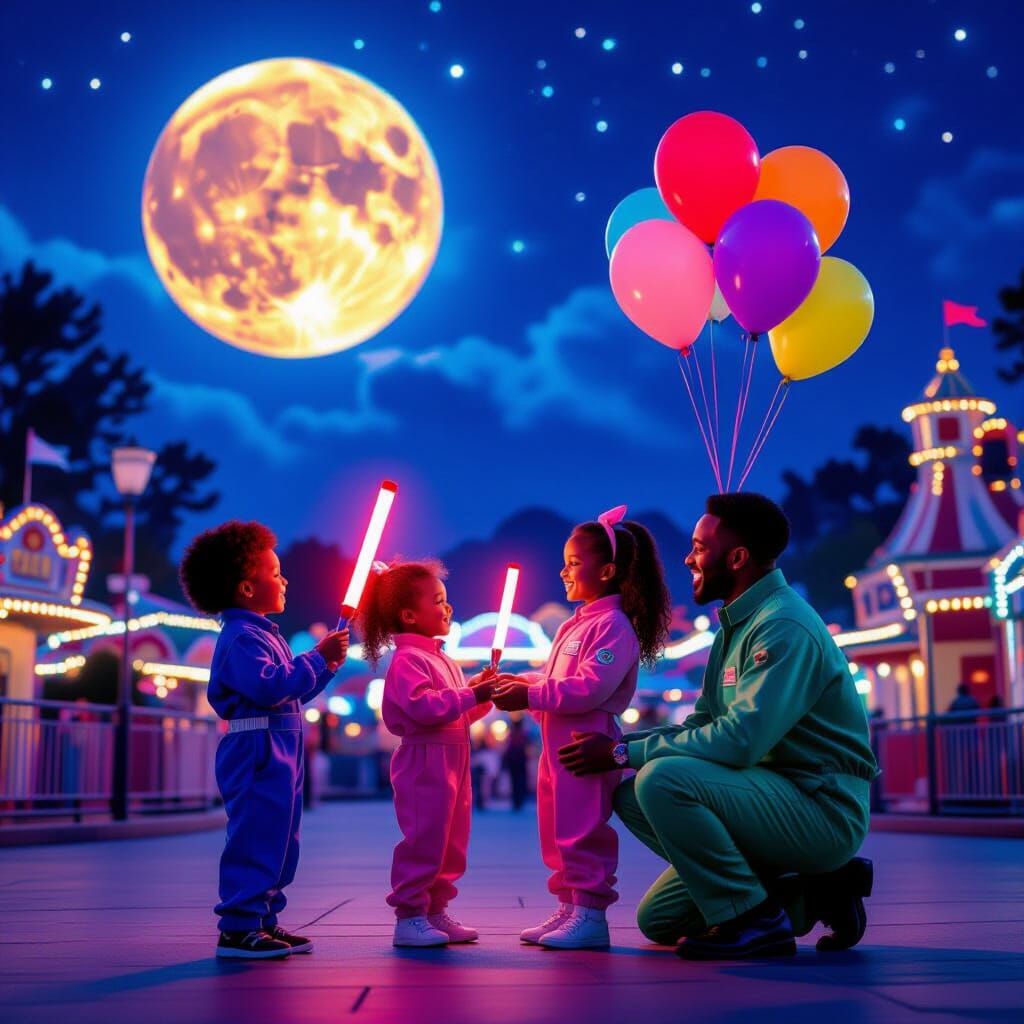 Whimsical Night Theme Park Proposal Under Colorful Moon