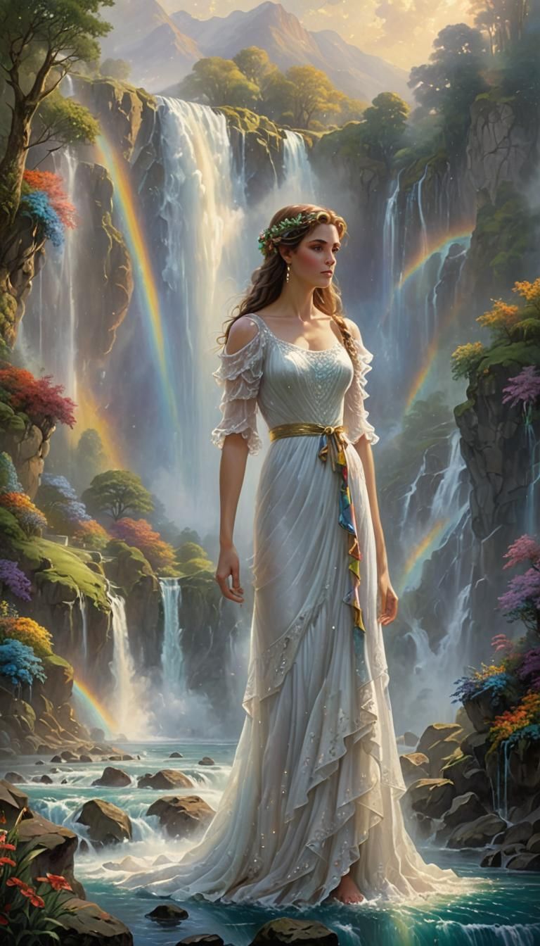 Ethereal Woman Before Rainbow Waterfall in Fantasy Style