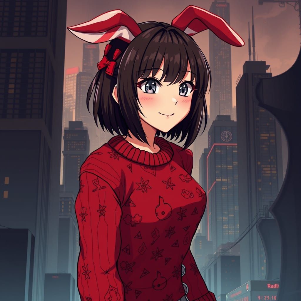 Dark Brown Haired Woman in Anime Style with Rabbit Ears and...