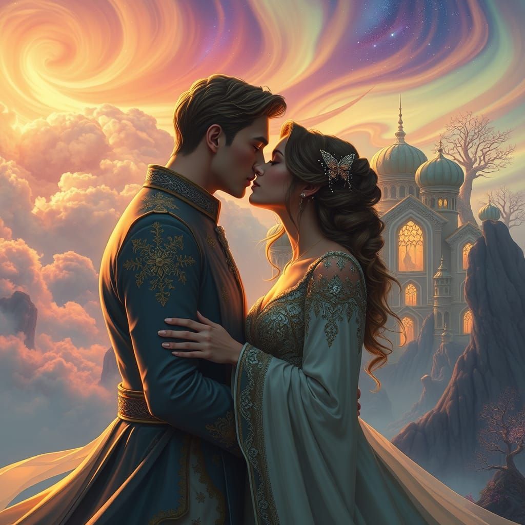 Dreamlike Romantic Couple in Enchanted Forest