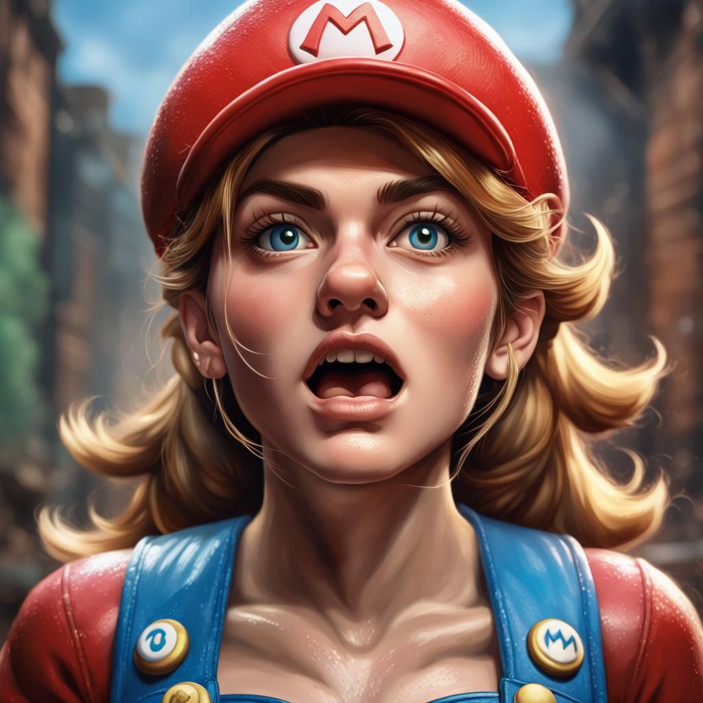 derailed female Super Mario, gender bend, video game, Nintendo,Hyperrealistic, splash art, concept art, mid shot, intric...