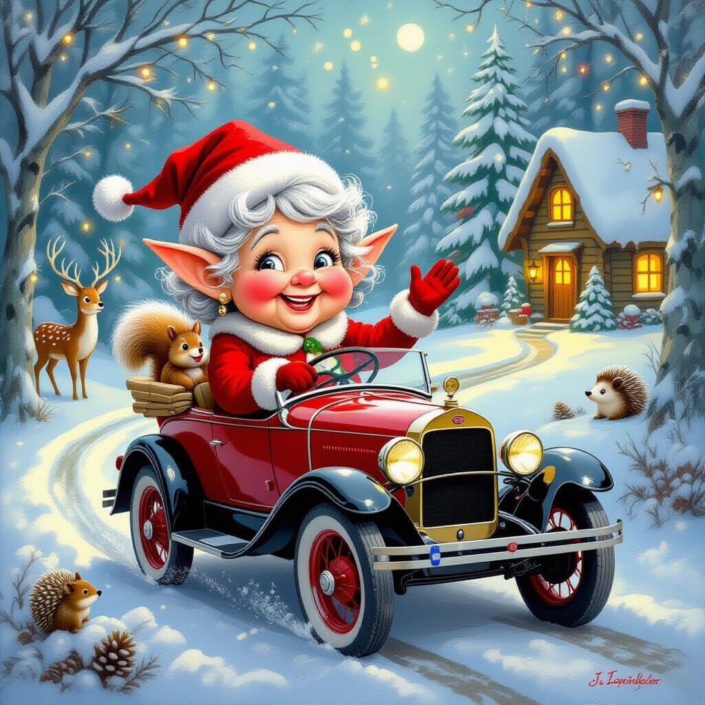 Whimsical Grandma Elf Drives Convertible in Snowy Forest