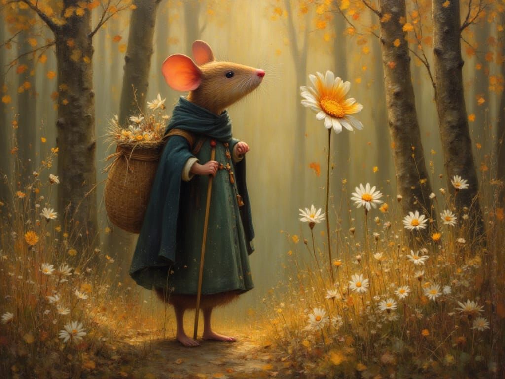 Mouse Pilgrim Admiring Daisy in Autumn Light
