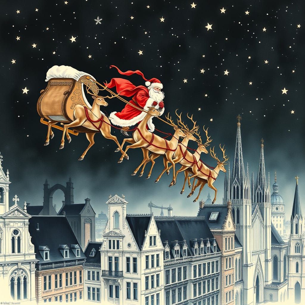 Majestic Santa Claus soars through the Night Sky over a Euro...