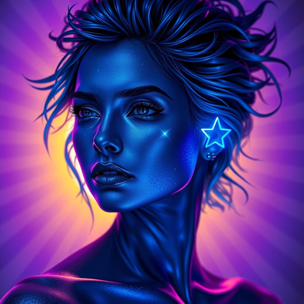 Glowing Blue Goddess with Iridescent Skin and Radiant Hair