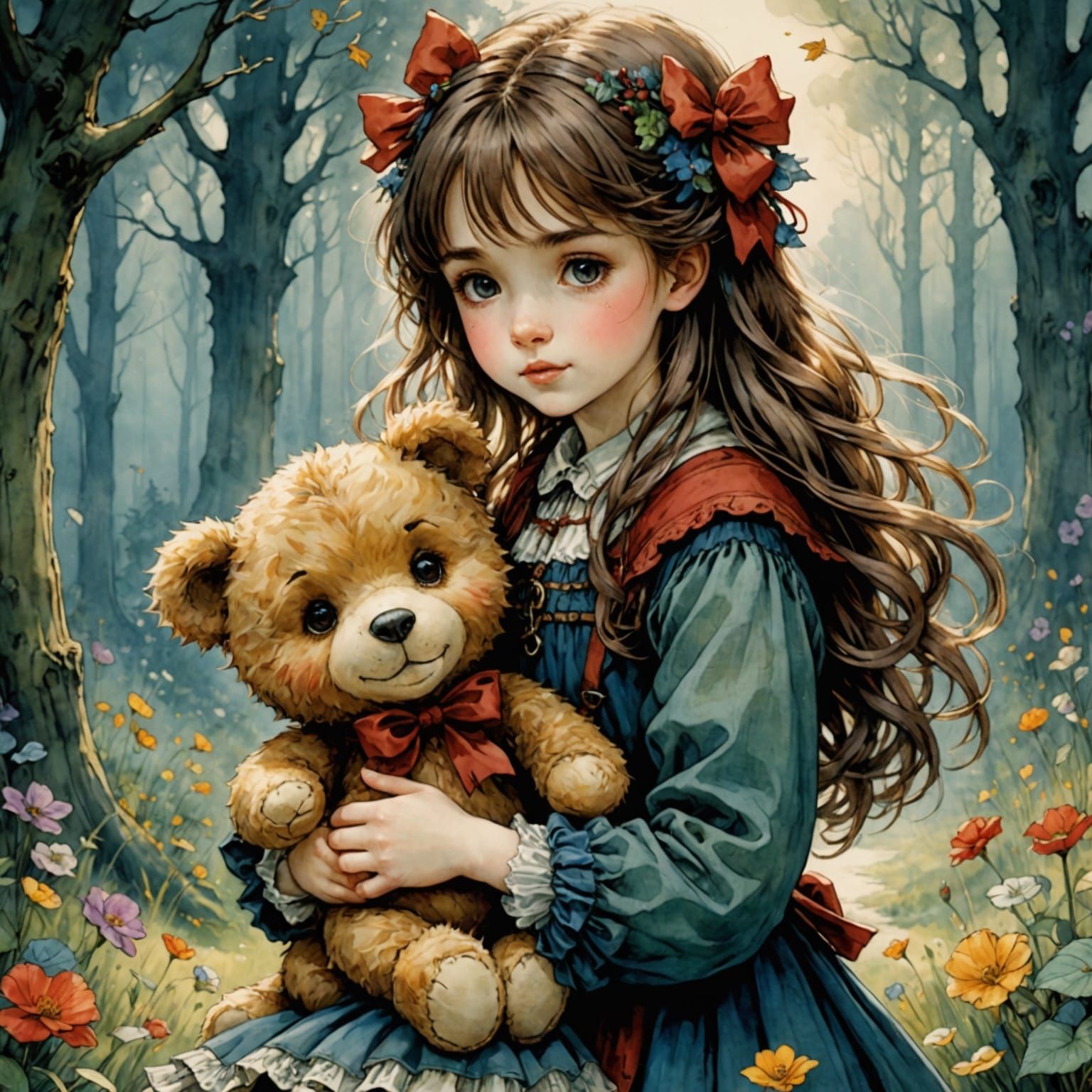 Girl and Teddy Bear in Anime Style