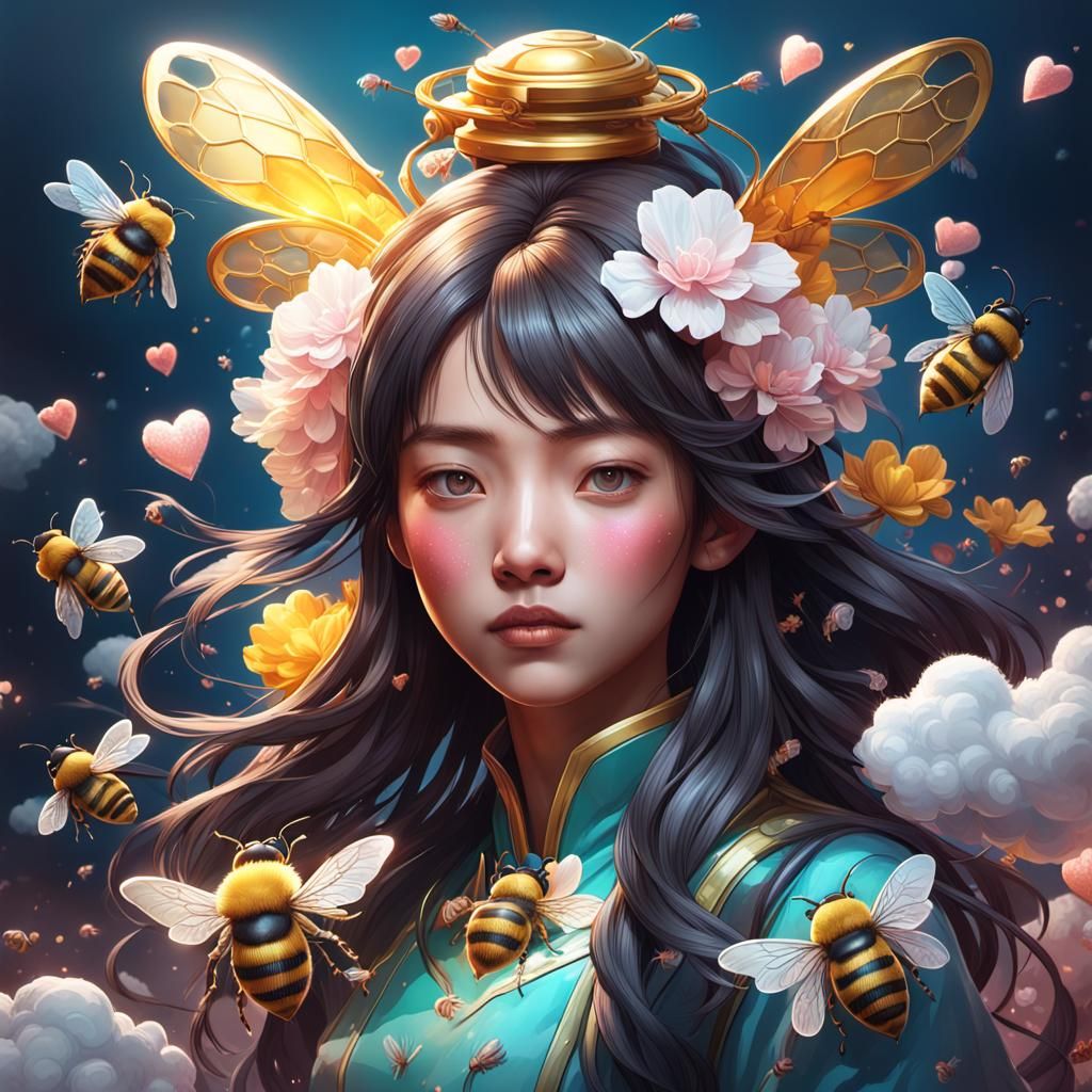 Asian Portrait with Bees and Floating Hearts
