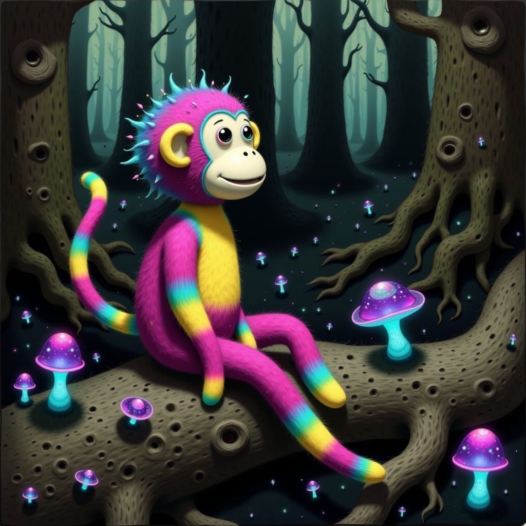 Neon Sock Monkey in Surreal Forest