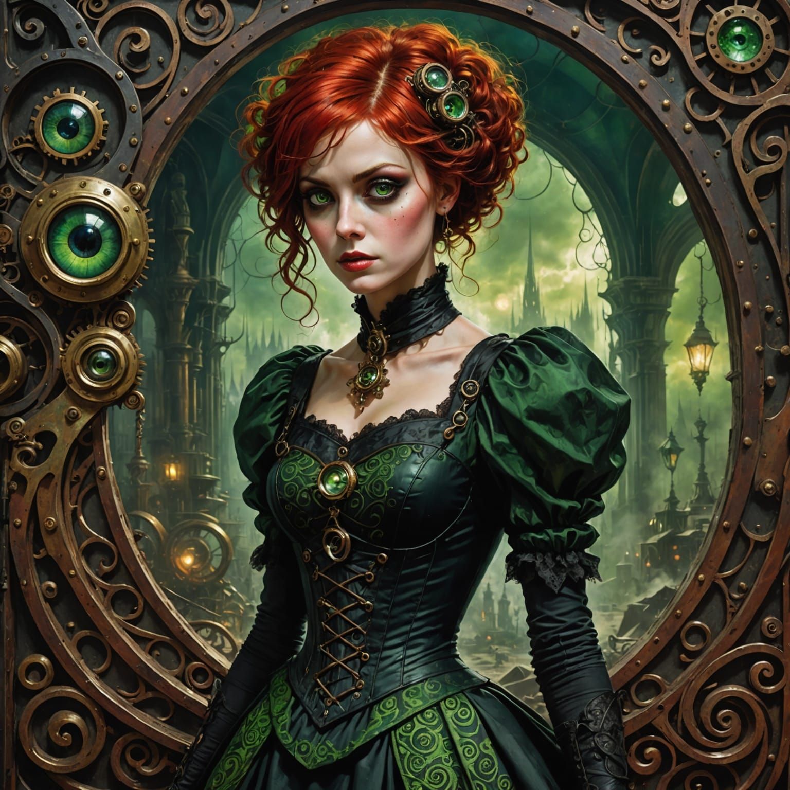 Steampunk Horror Portrait with Whimsical Swirls