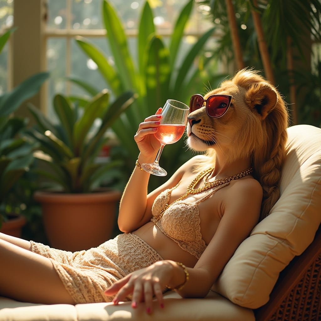 Lioness with Braided Mane Lounging in Solarium