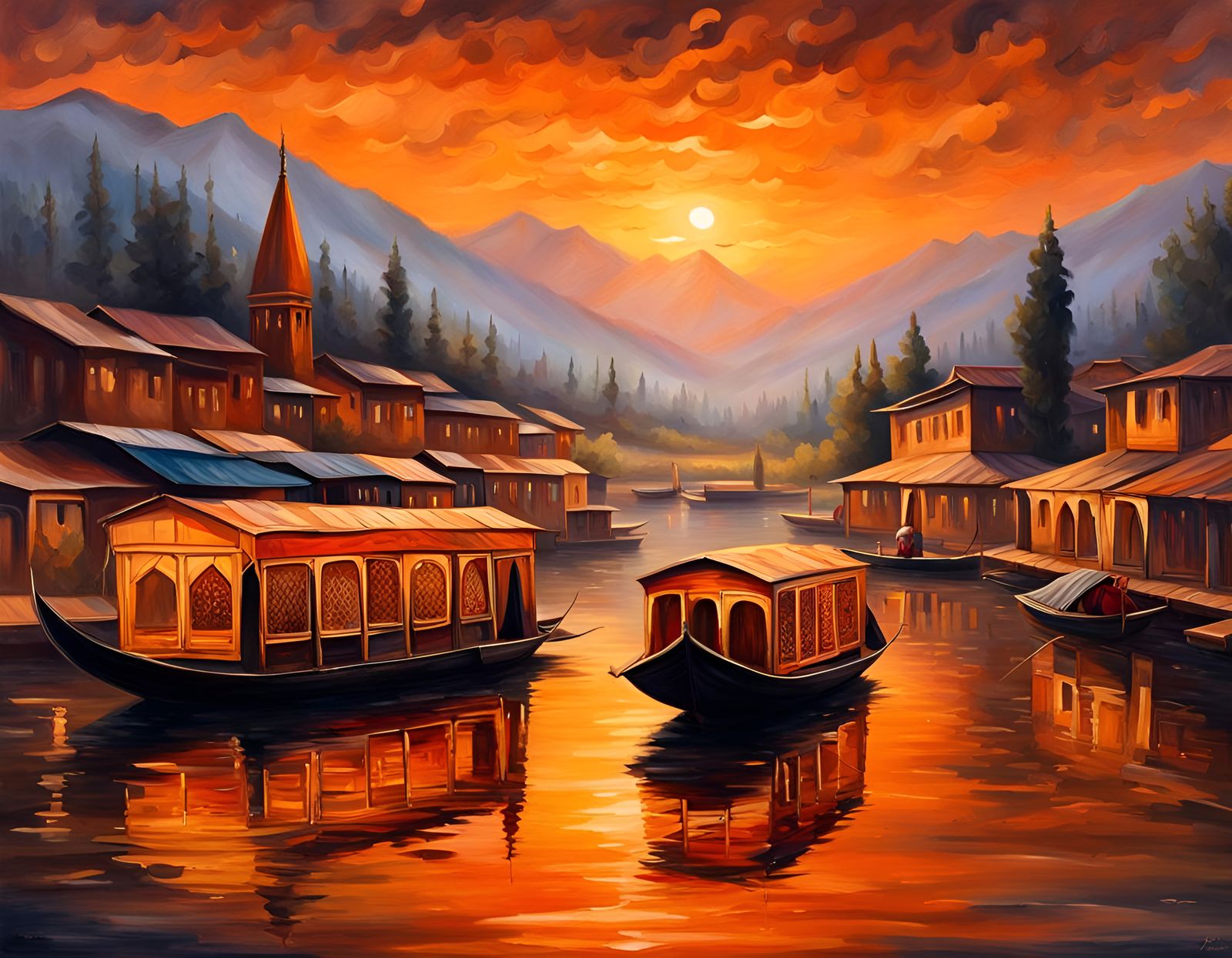 Srinagar Houseboat at Sunset: Oil Painting Landscape