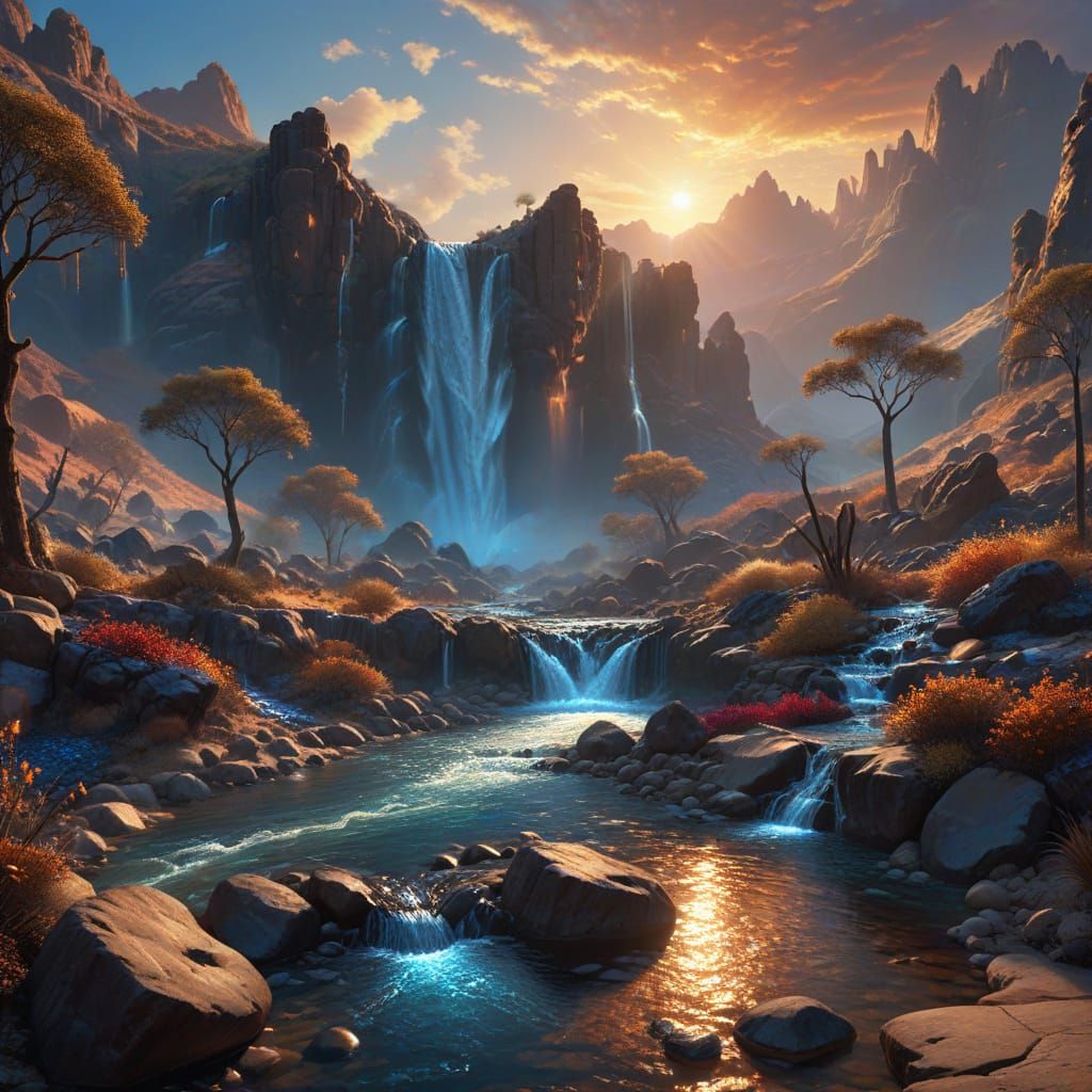 Shimmering Desert Landscape with Waterfalls in Golden Hour L...