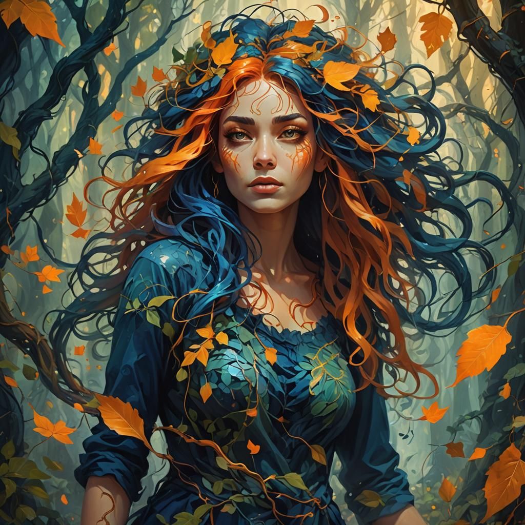 Mystical Woman in Forest: Expressionist Art