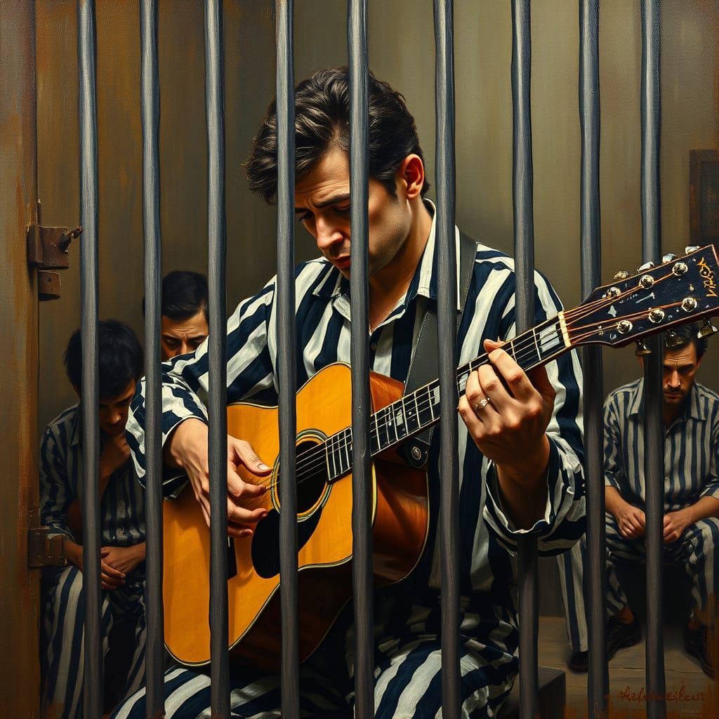 Johnny Cash at Folsom Prison in Expressionist Oil Painting