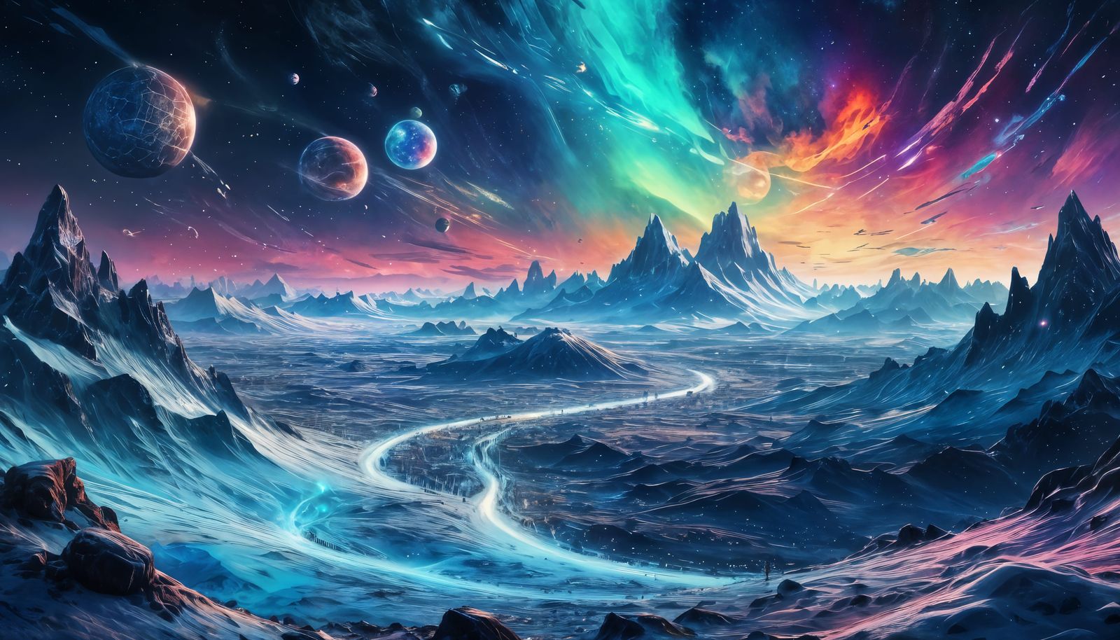Frozen Planetscape with Meteors in Cosmic Illustration