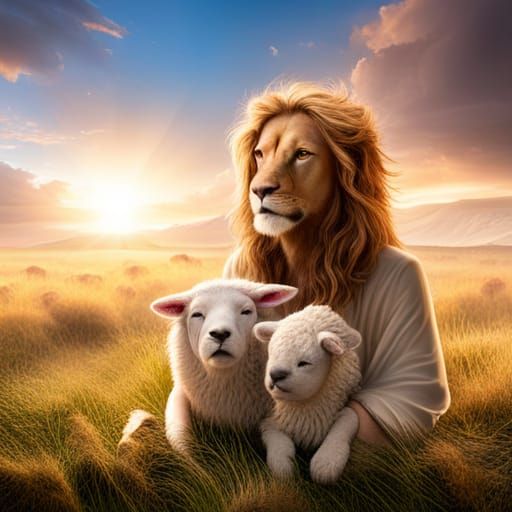 Surreal Lion and Lamb Depiction