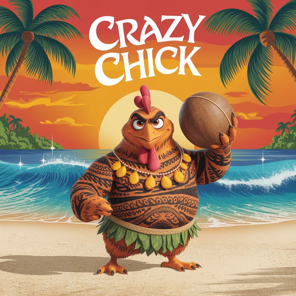Vibrant Chicken Hei Hei Stands Confidently on Tropical Beach
