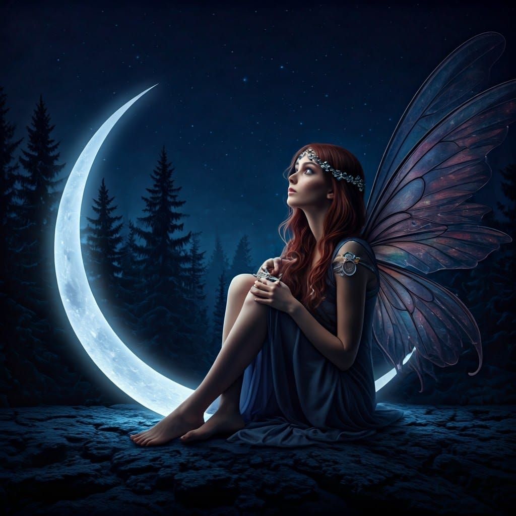 Fairy Stargazer on Crescent Moon in Dark Forest