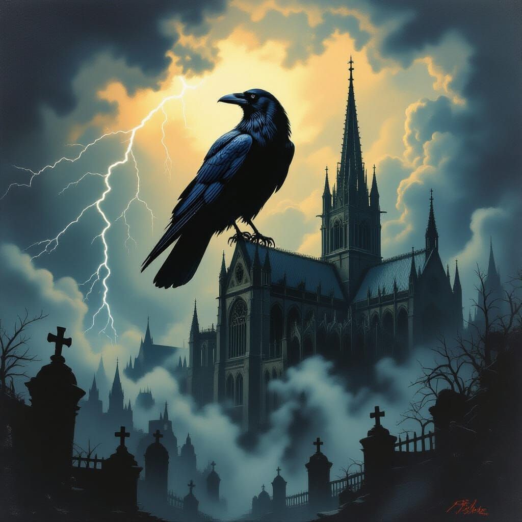Skeletal Raven on Gothic Cathedral in Ashcan School Style