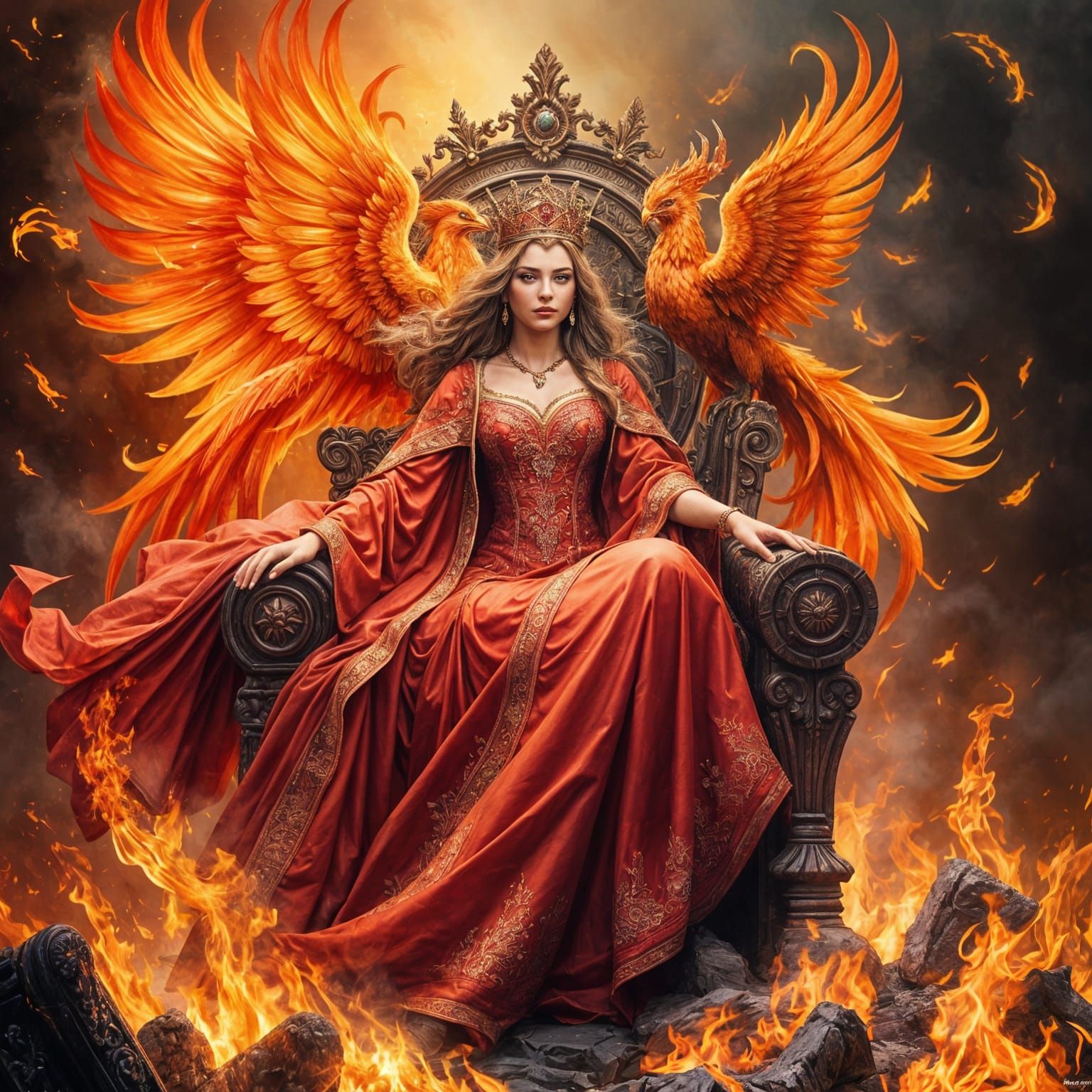Queen of Fire Reigns with Majestic Phoenix by Her Side