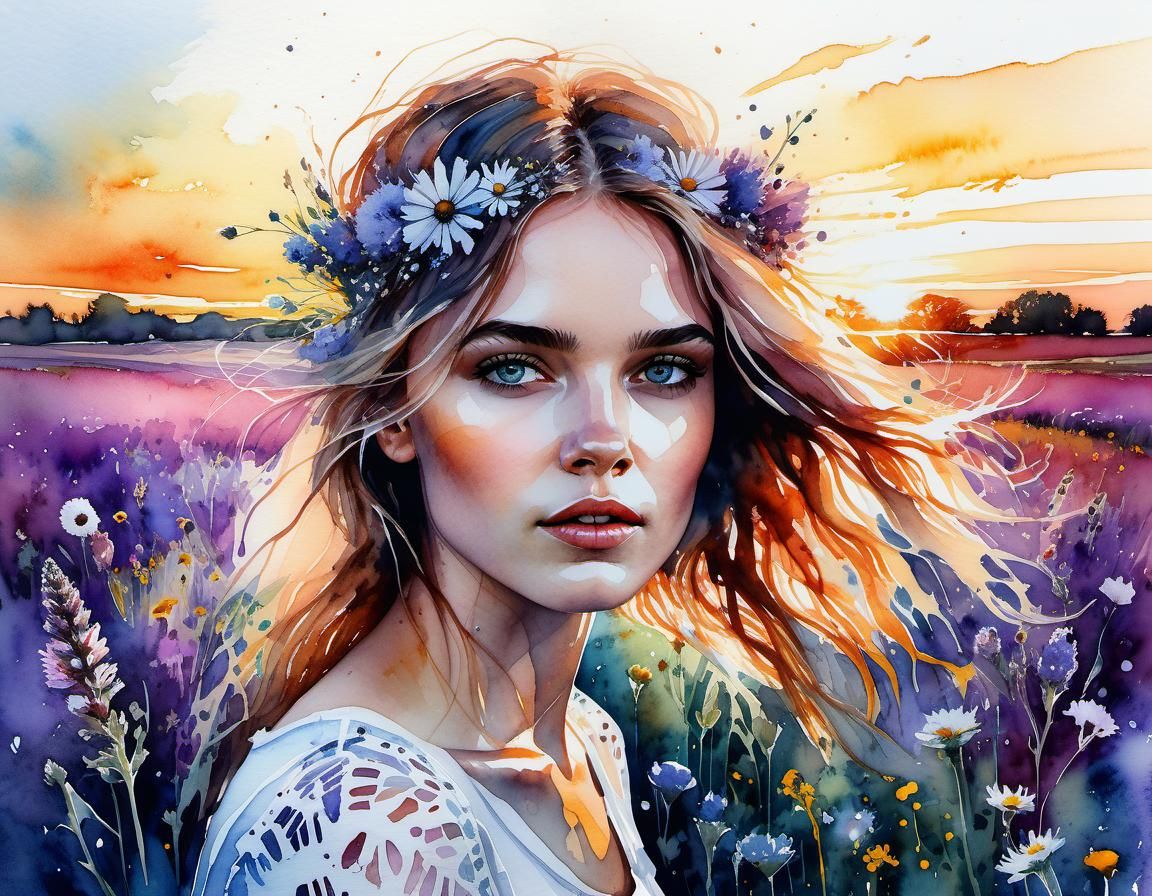 Watercolor Summerscape Sunset Over a Field of Flowers