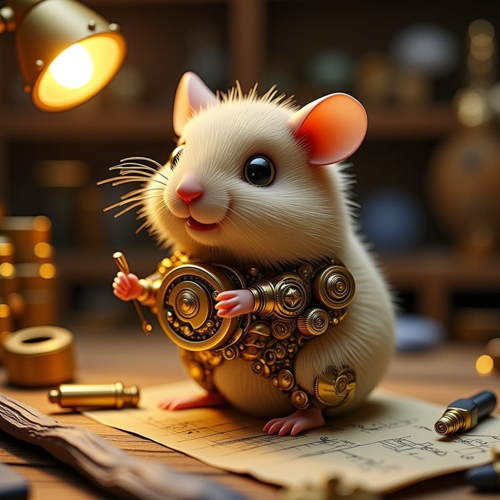 Fluffy Automaton Hamster with Gears and Brass