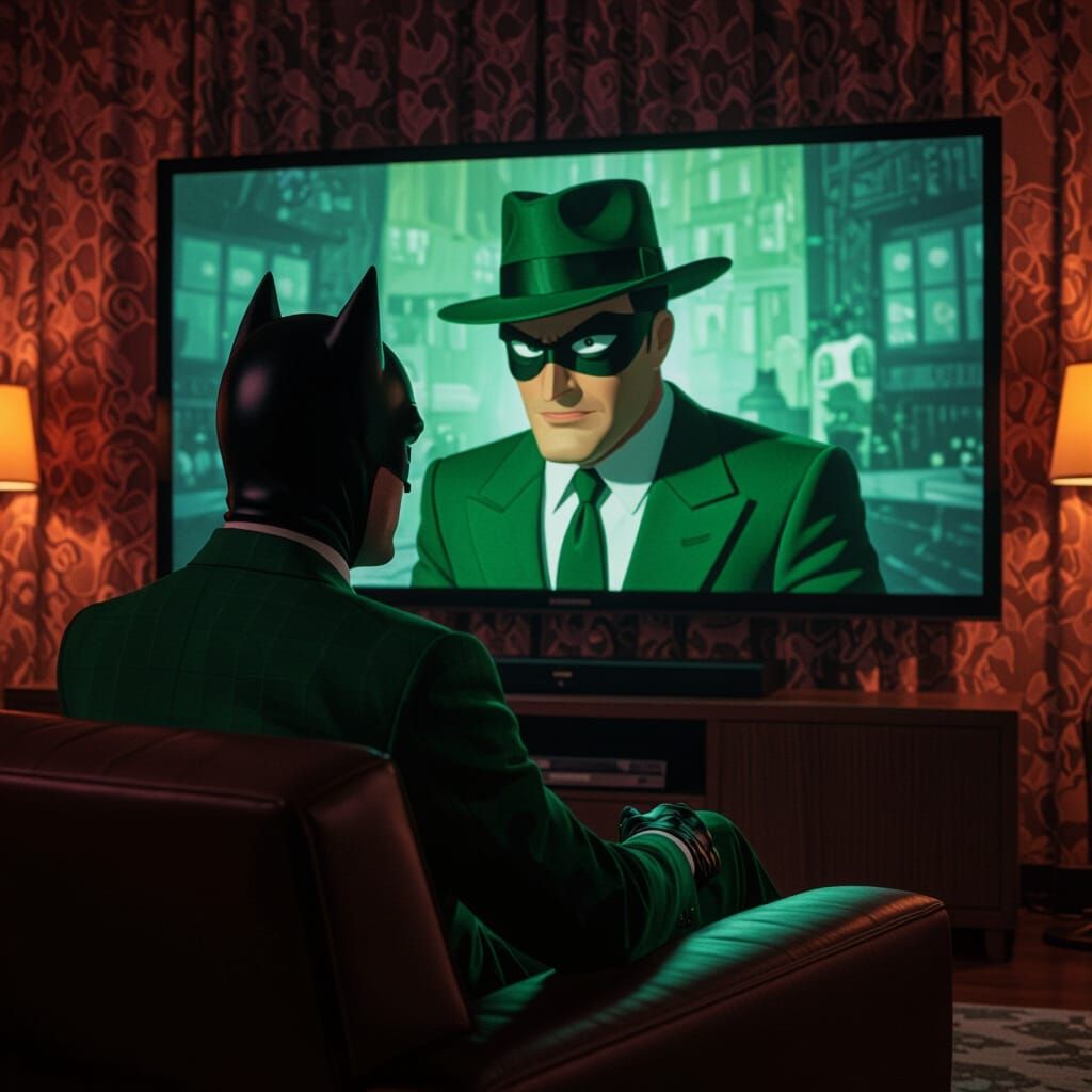 Green Hornet Watches Himself: Digital Art in Cyberpunk Style