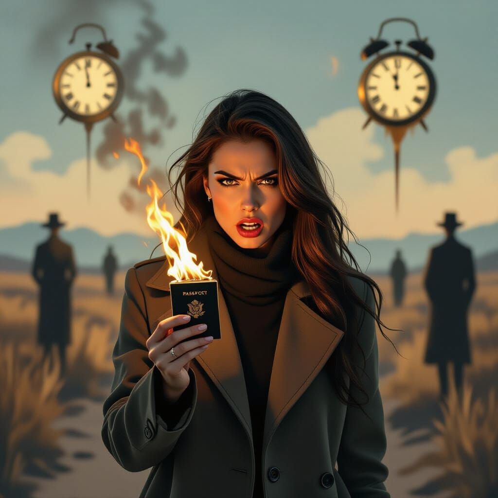 Passport Burning in Dreamlike Landscape: Surreal Art