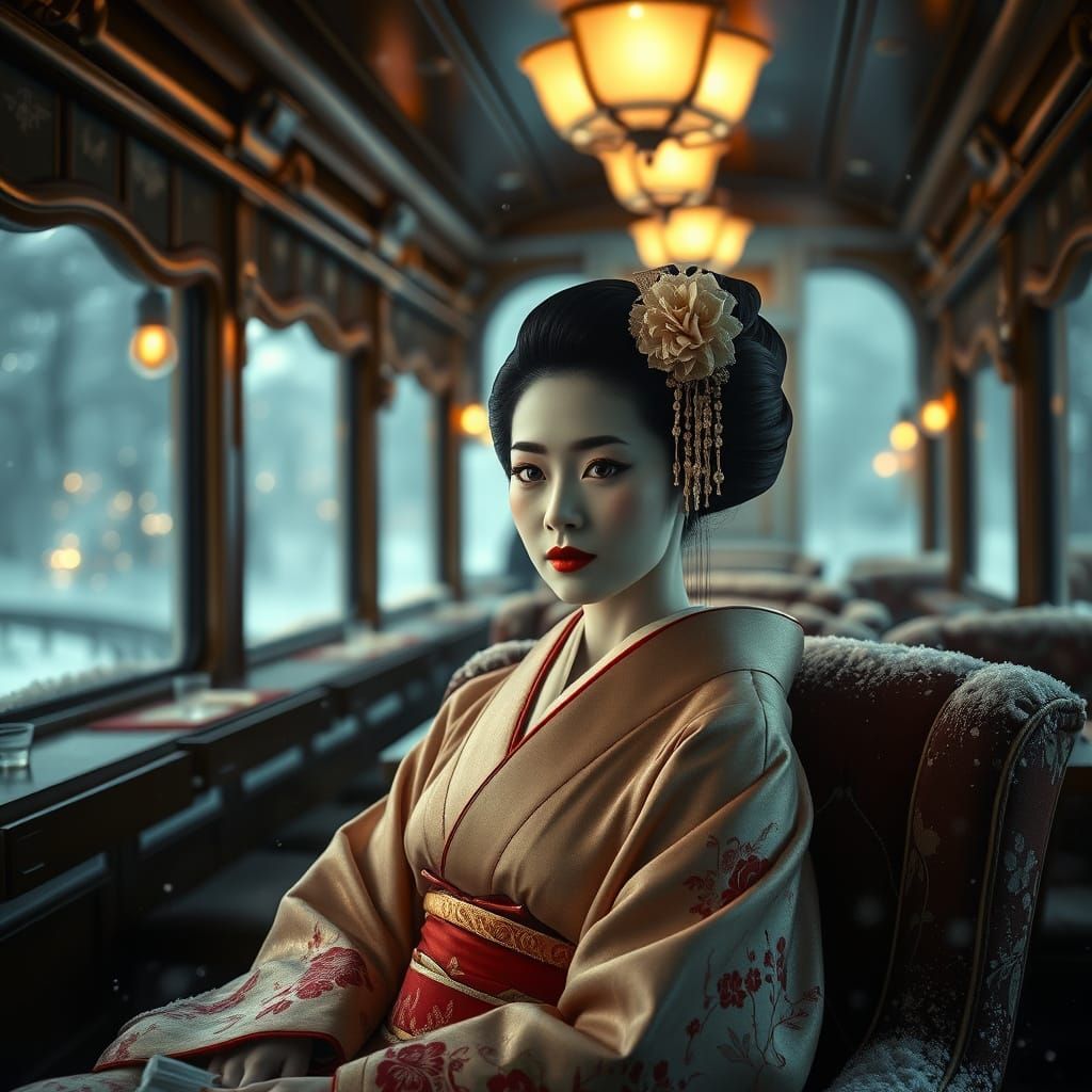 A   wide shot of " In the magic of a winter train".