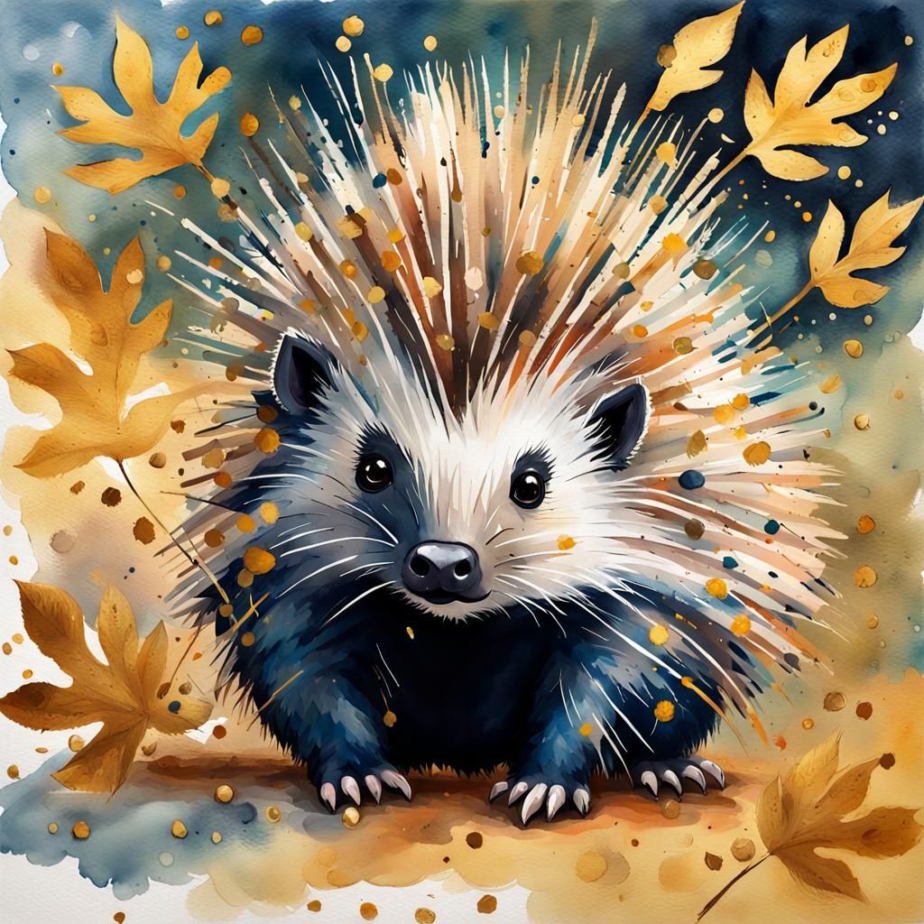 Cute Porcupine Painting with Gold Accents in Gouache