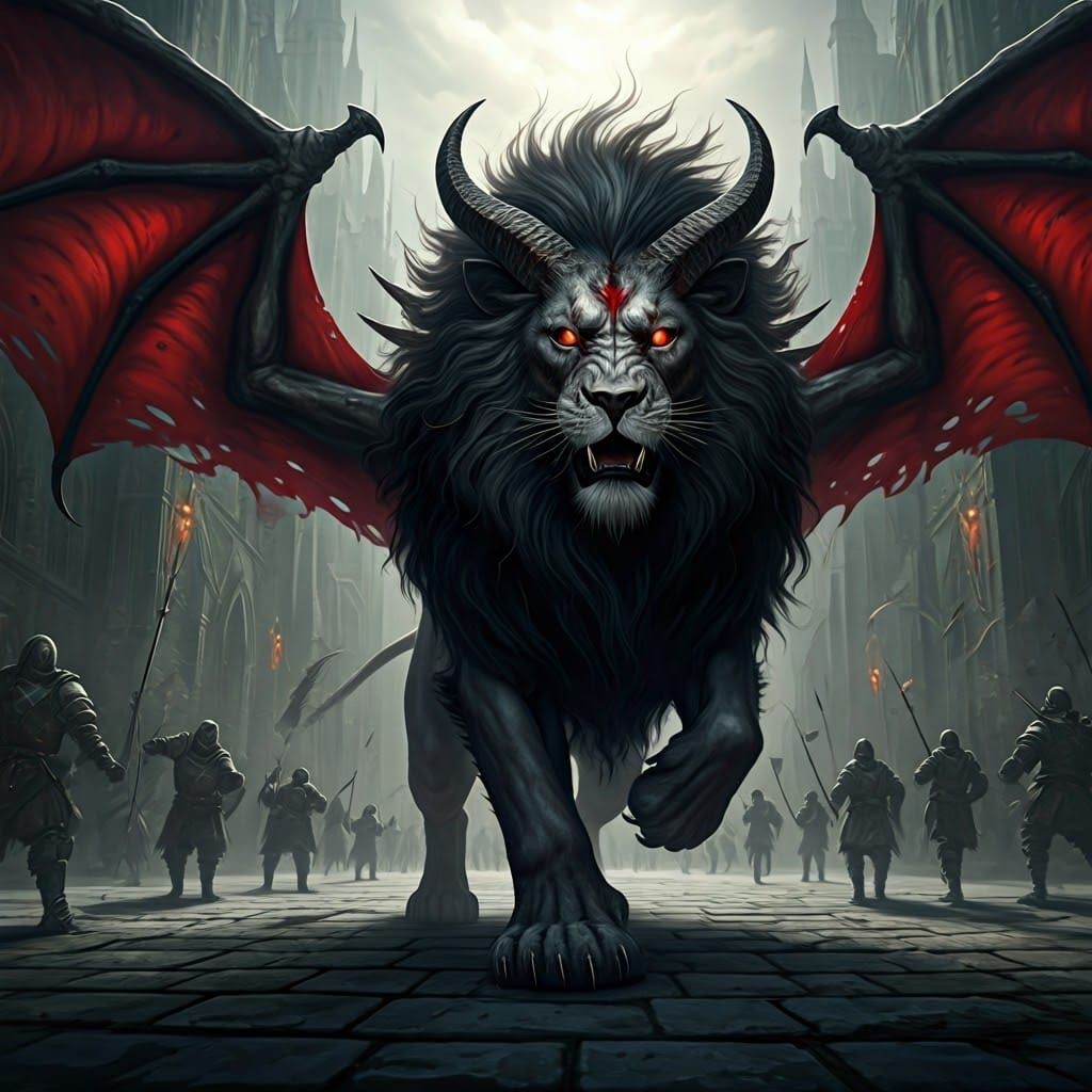Demonic Lion Attacks Warriors in Castle Courtyard