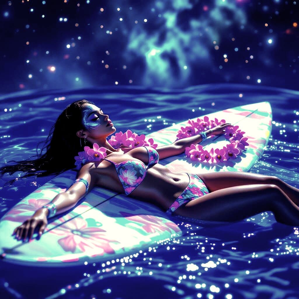 Alien Surfer Drifting in Nebula: Matte Painting