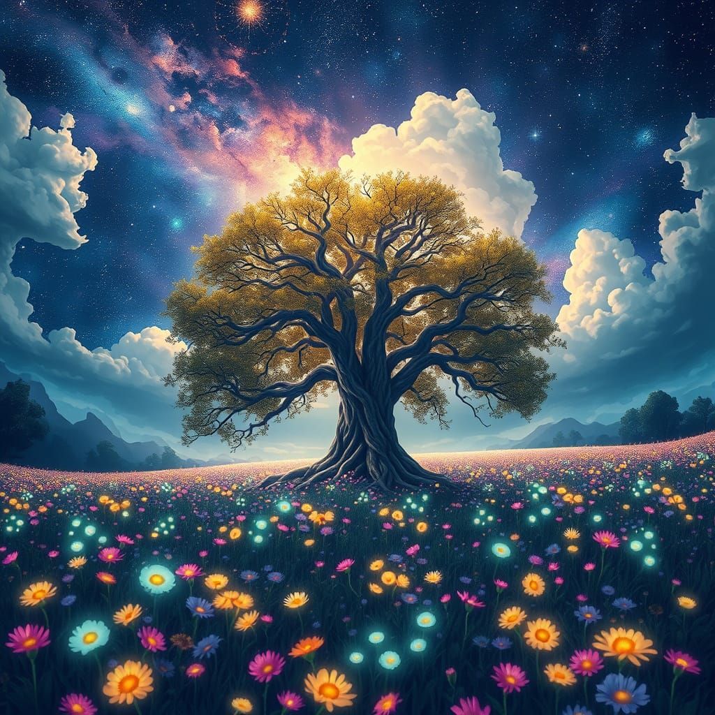 Bioluminescent Meadow and Galaxy Tree of Life