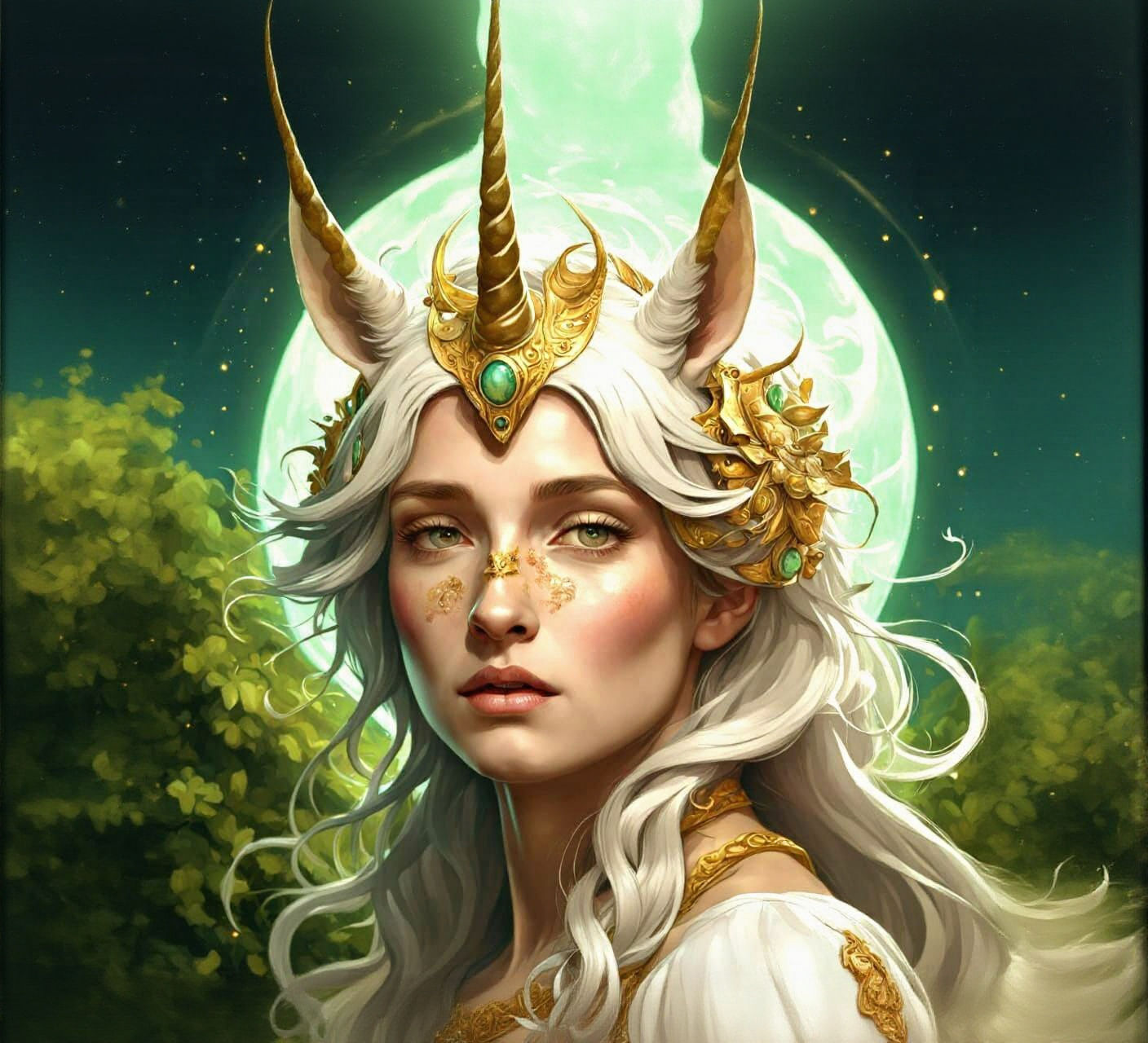 Golden Unicorn Under Moonlight in Hyperrealistic Style