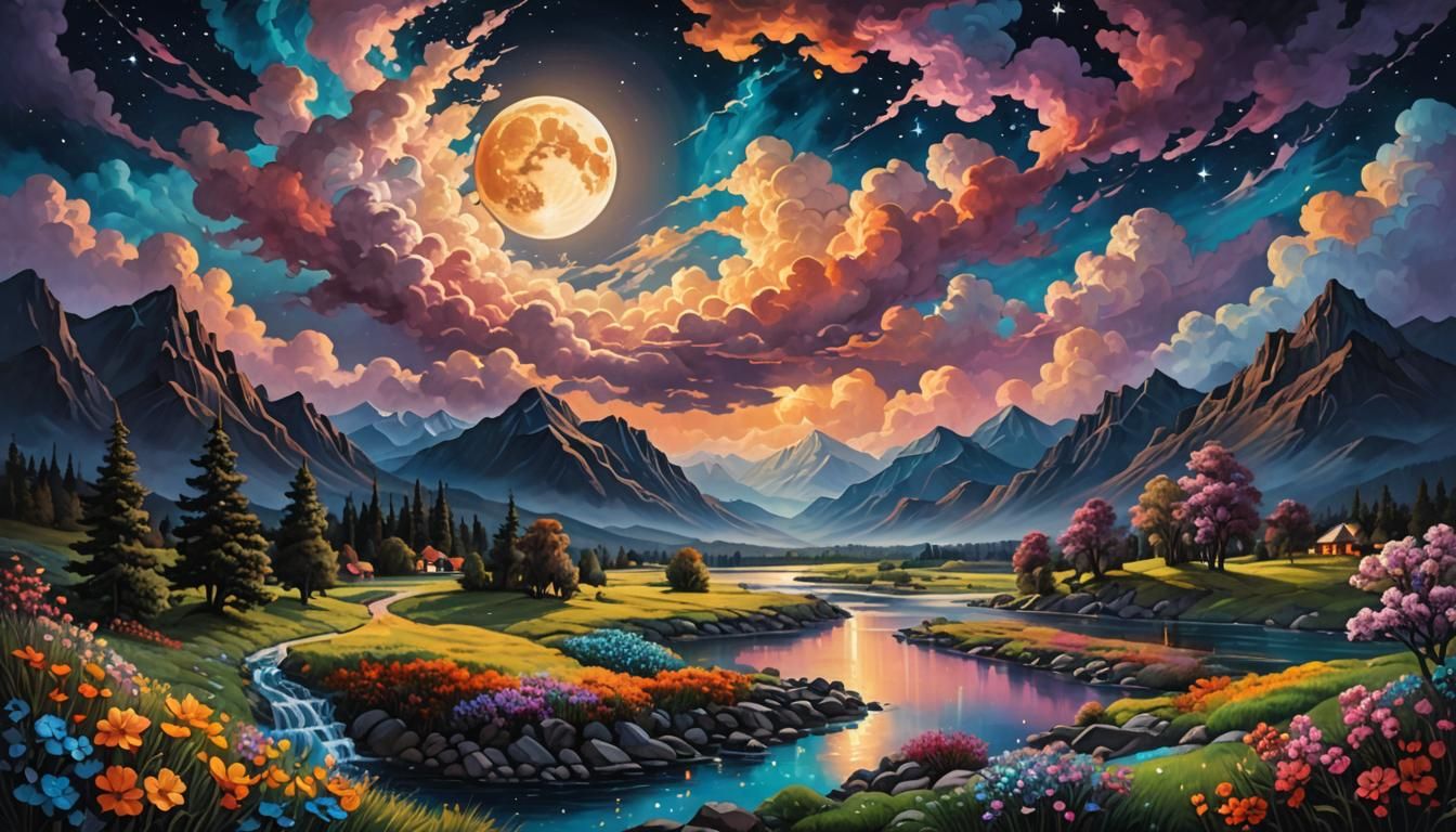 Surreal Night Landscape with Flowing Lights