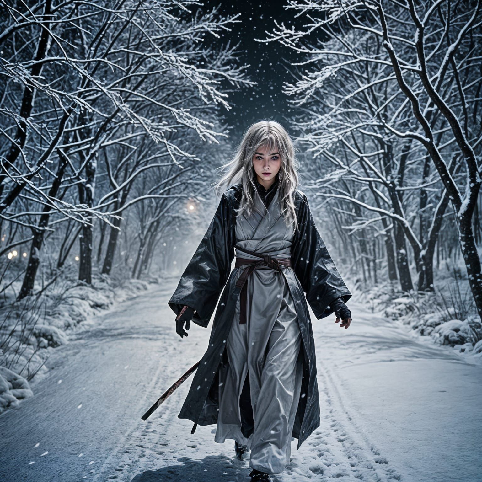 Yuki Onna: Silver-Haired Woman in Winter Blizzard