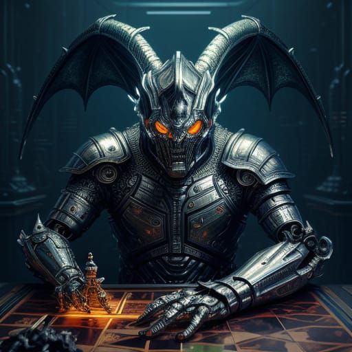 Cyborg Chess Master vs. Biomechanical Dragon in Dark Fantasy