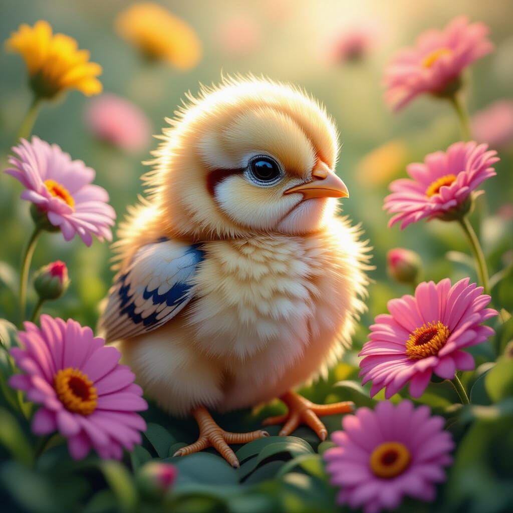 Macro Baby Chick in Whimsical Flower Garden