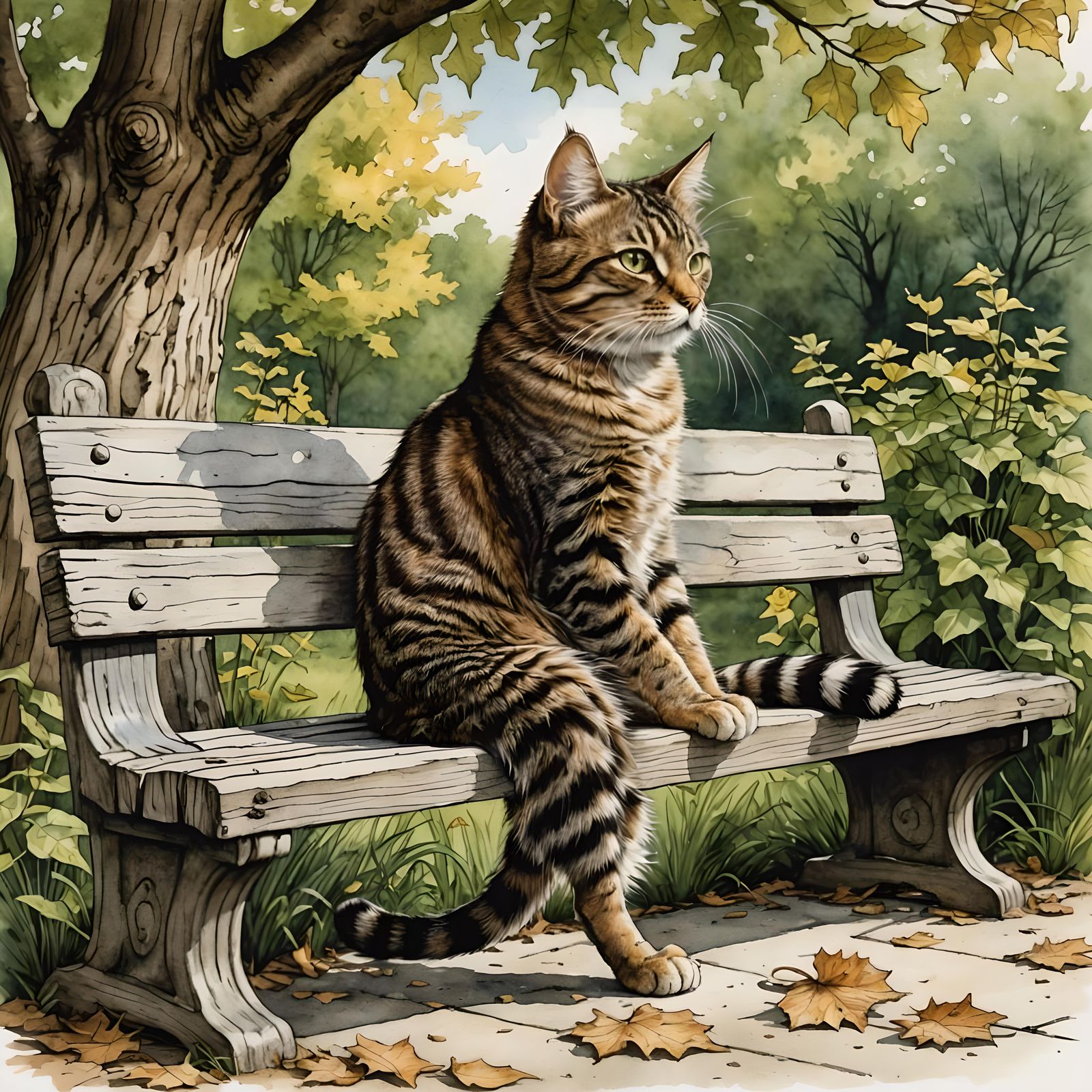 Tabby Cat Washes Face: Watercolor Country Scene