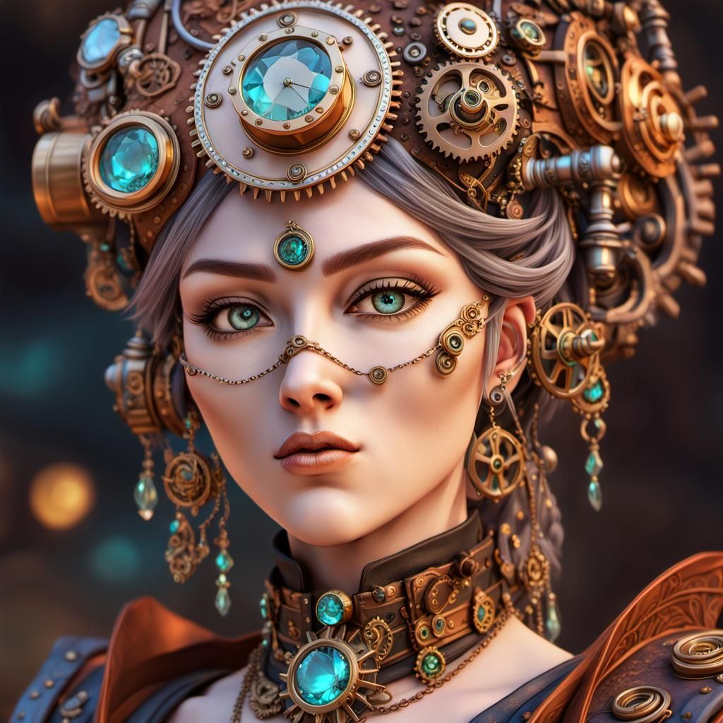 Steampunk Anime Goddess in Vibrant, Warm Lighting