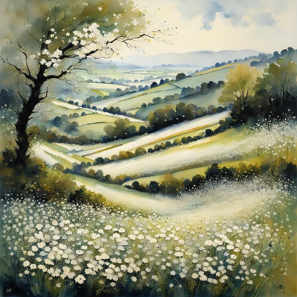 Detailed Landscape with White Flowers in Watercolor Style